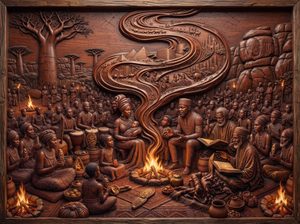 técnica simulada Doble nivel de relieve: figuras humanas en primer plano muy detalladas (incluye un anciano leyendo un libro) y una cinta-río con microescenas talladas en su interior.