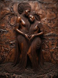 No hay jerarquía en este relieve: es un abrazo entre iguales. El corazón que forman sus manos no es un adorno — es la firma del tallador, la idea central de toda la serie: el vínculo como forma más alta del ornamento.
