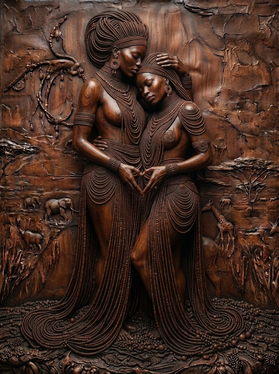 No hay jerarquía en este relieve: es un abrazo entre iguales. El corazón que forman sus manos no es un adorno — es la firma del tallador, la idea central de toda la serie: el vínculo como forma más alta del ornamento.